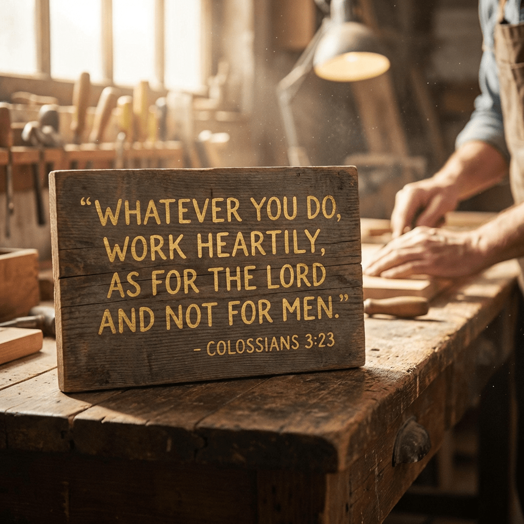 Wooden sign: 'Whatever you do, work heartily, as for the Lord and not for men.' - Colossians 3:23.