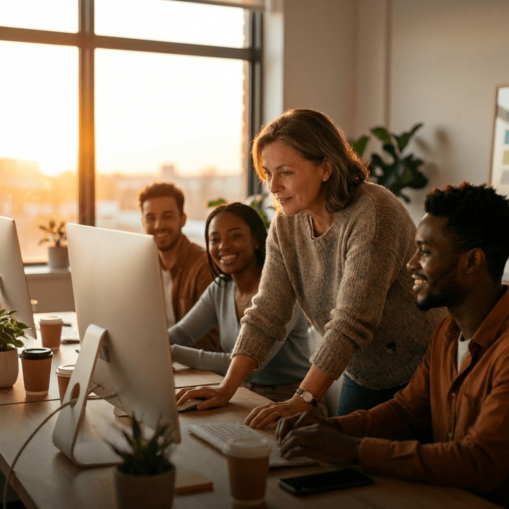 Diverse colleagues collaborating at a computer with text FAITHFUL COWORKER and INSPIRING TEAMWORK.