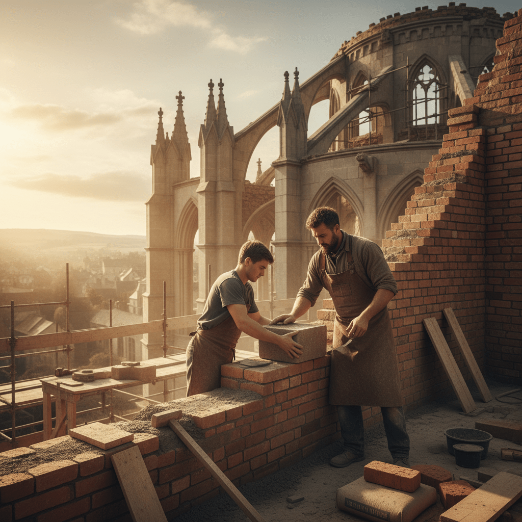 Two bricklayers building cathedral, warm light