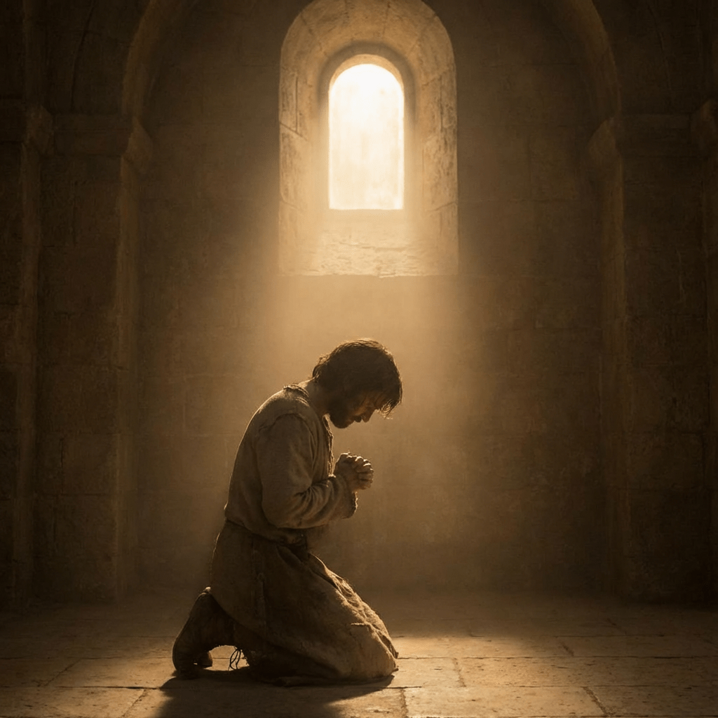 A man kneels in prayer inside a stone room illuminated by a beam of light.