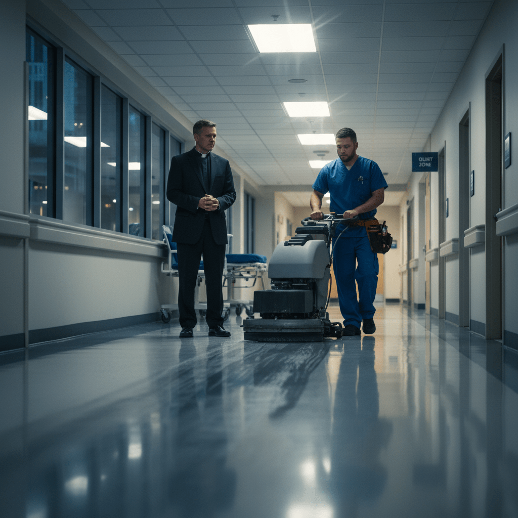 A chaplain and a worker with a floor cleaning machine in a hospital hallway.