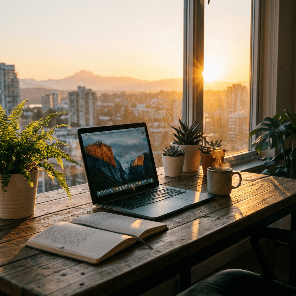 A laptop, notebook, and steaming coffee mug on a desk overlooking a city sunset.