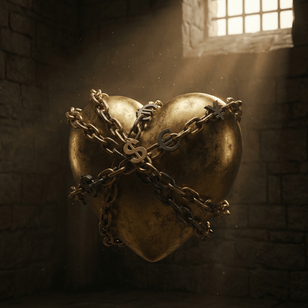 A golden heart bound by metal chains with currency symbols in a dark stone dungeon.