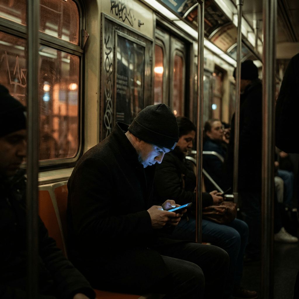 A commuter sitting on a dark subway car focused on a glowing smartphone screen.