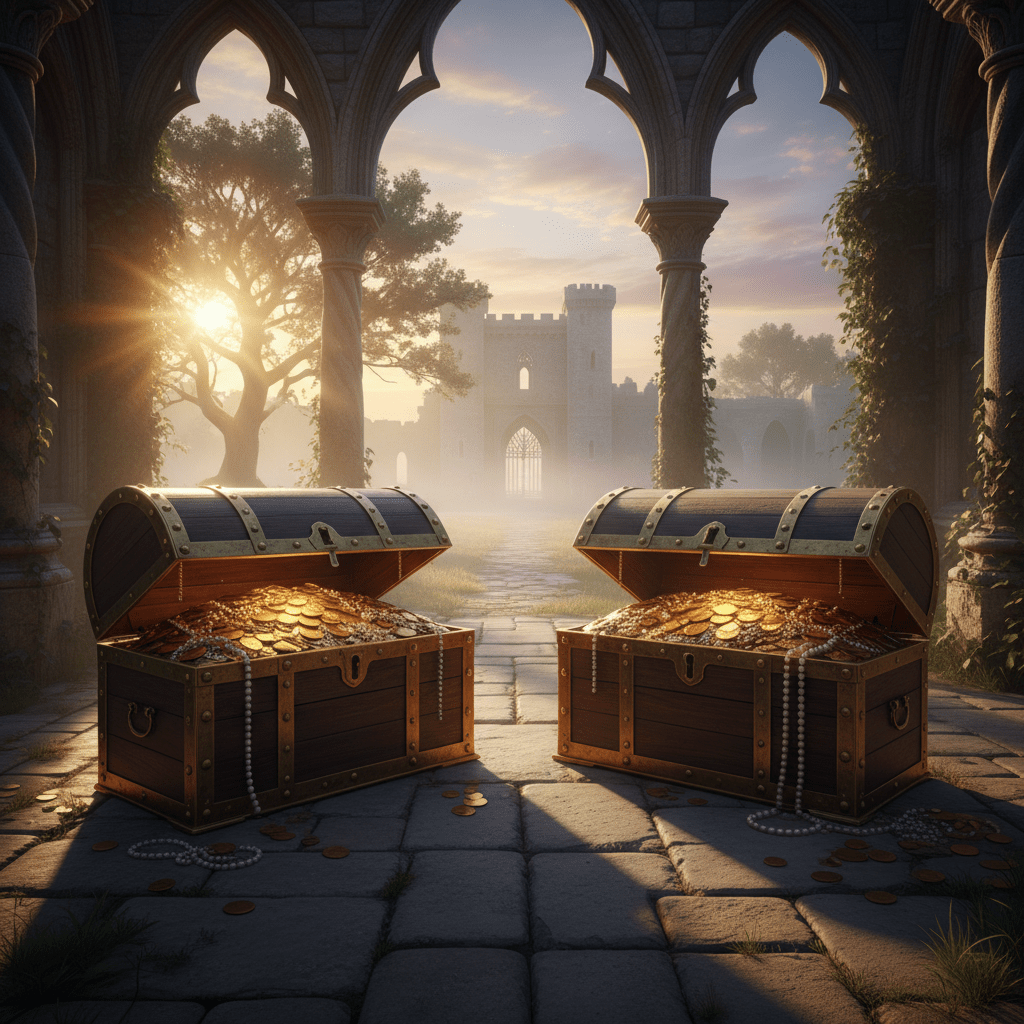 Two open chests overflowing with gold coins and pearls under a stone archway.