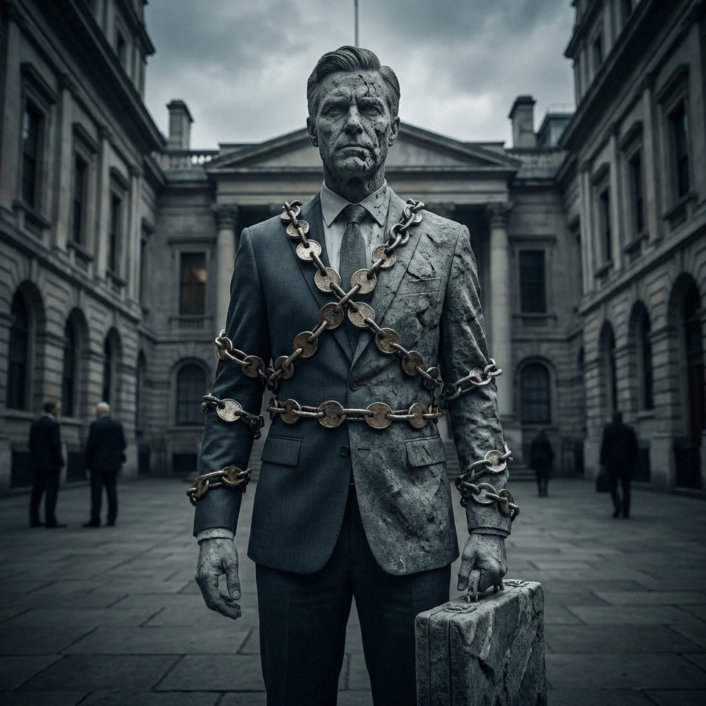 Man in a suit, half-turned to stone, bound by gold coin chains in a courtyard.