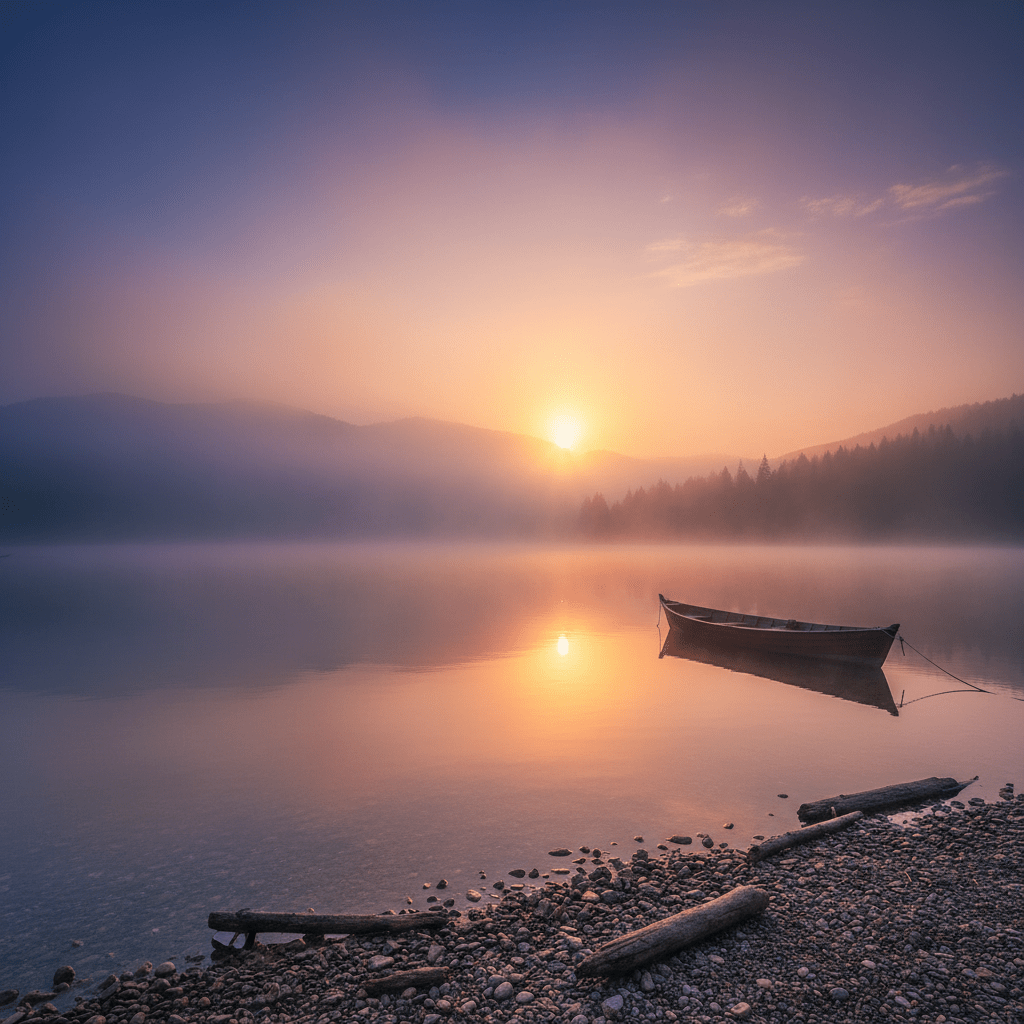 A small wooden boat on a calm, misty lake during a golden sunrise.