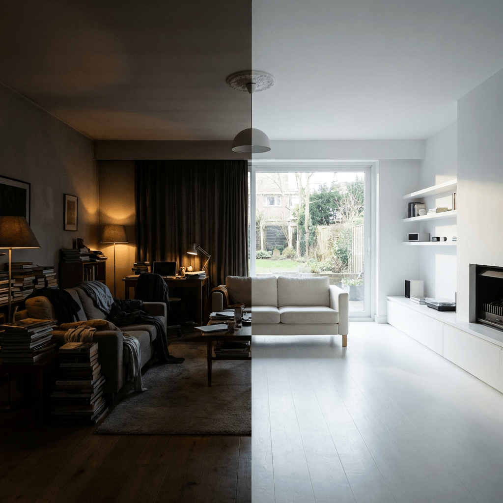 Split-screen comparison of a cluttered, dimly lit living room and a bright, minimalist one.