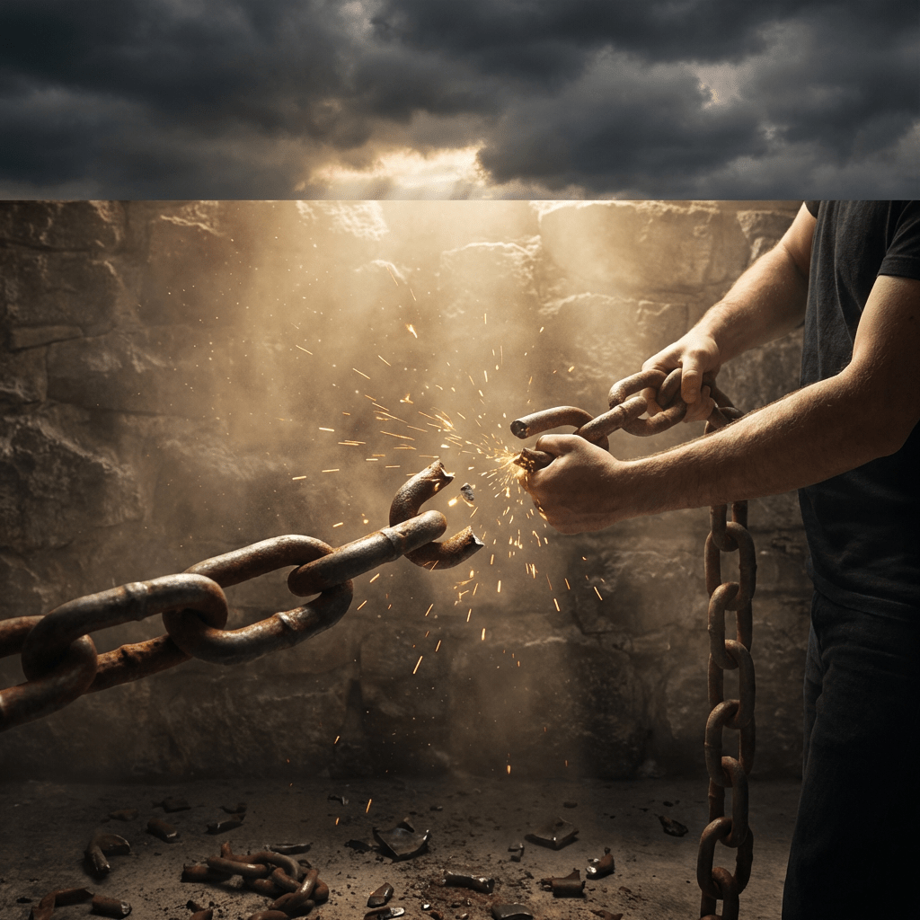 A person breaking heavy iron chains with sparks flying in a dark stone room.