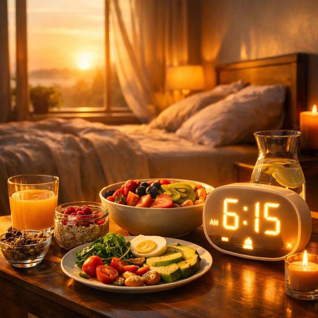 Breakfast with fruit, vegetables, eggs, juice, and water on table near digital clock showing 6:15 AM