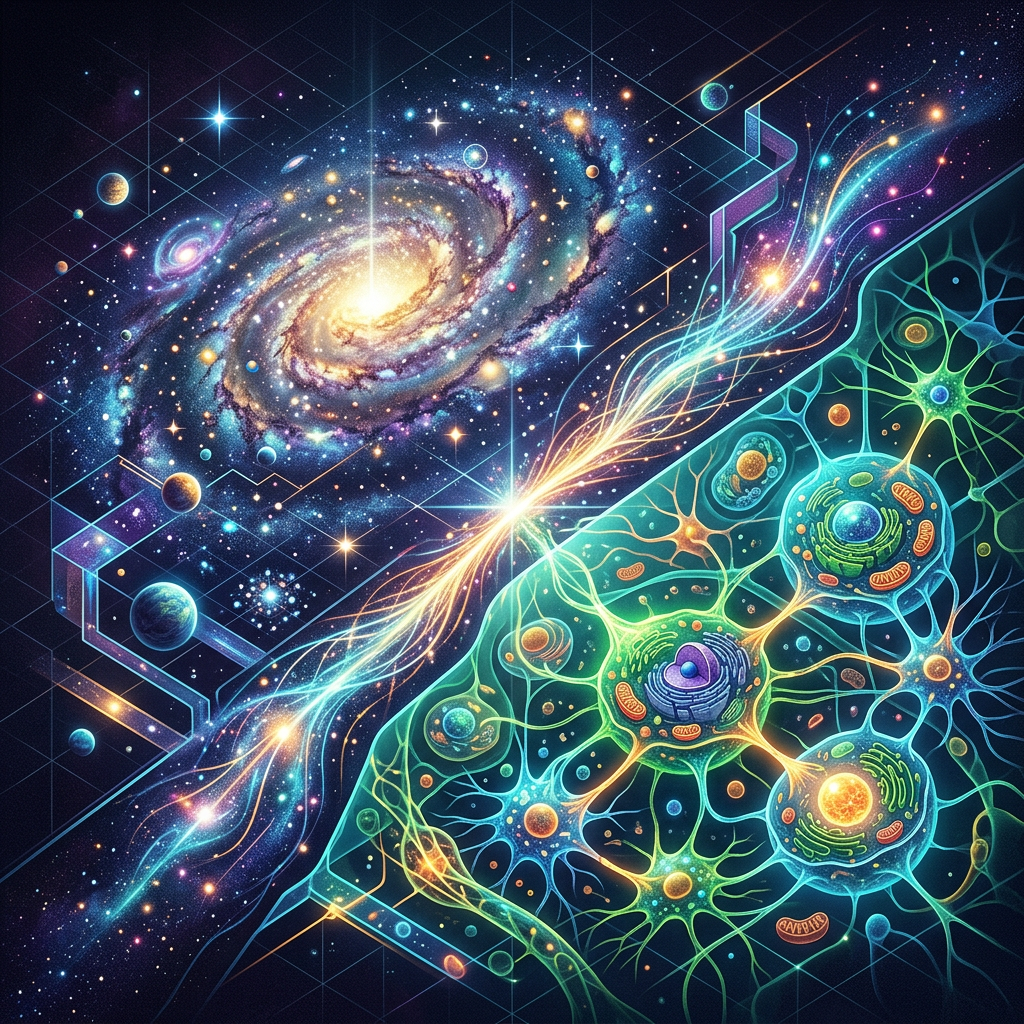 Artistic illustration showing a spiral galaxy connected to glowing cellular structures with neural network patterns