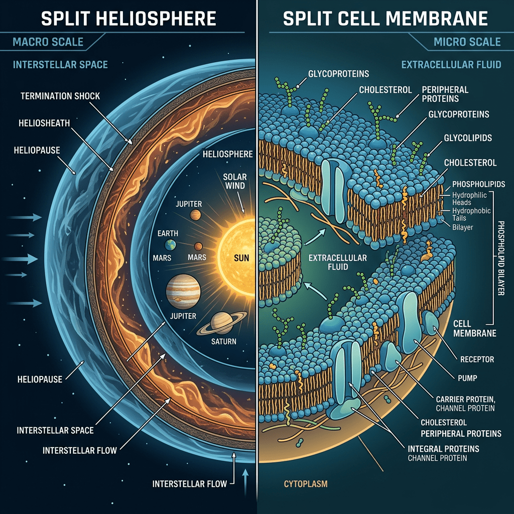 Split illustration showing the heliosphere on the left with labeled layers and planets, and a detailed cell membrane on the right with labeled proteins and lipid bilayer