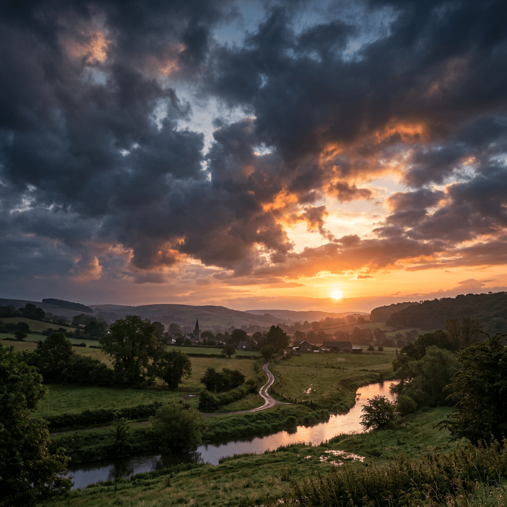 Sunset with dramatic clouds over a rural village, river, and green fields