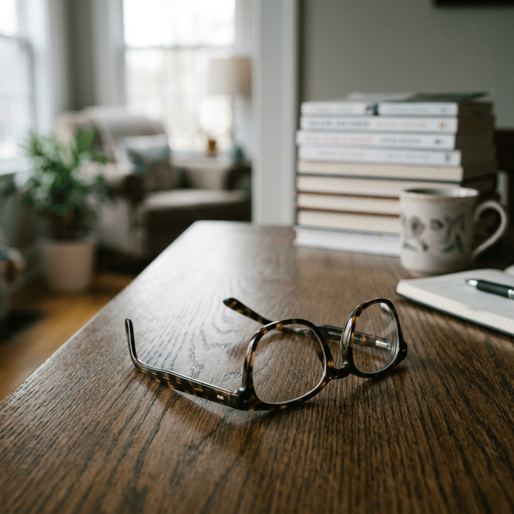 Tortoiseshell glasses on wooden table near stacked books, coffee mug, and notebook
