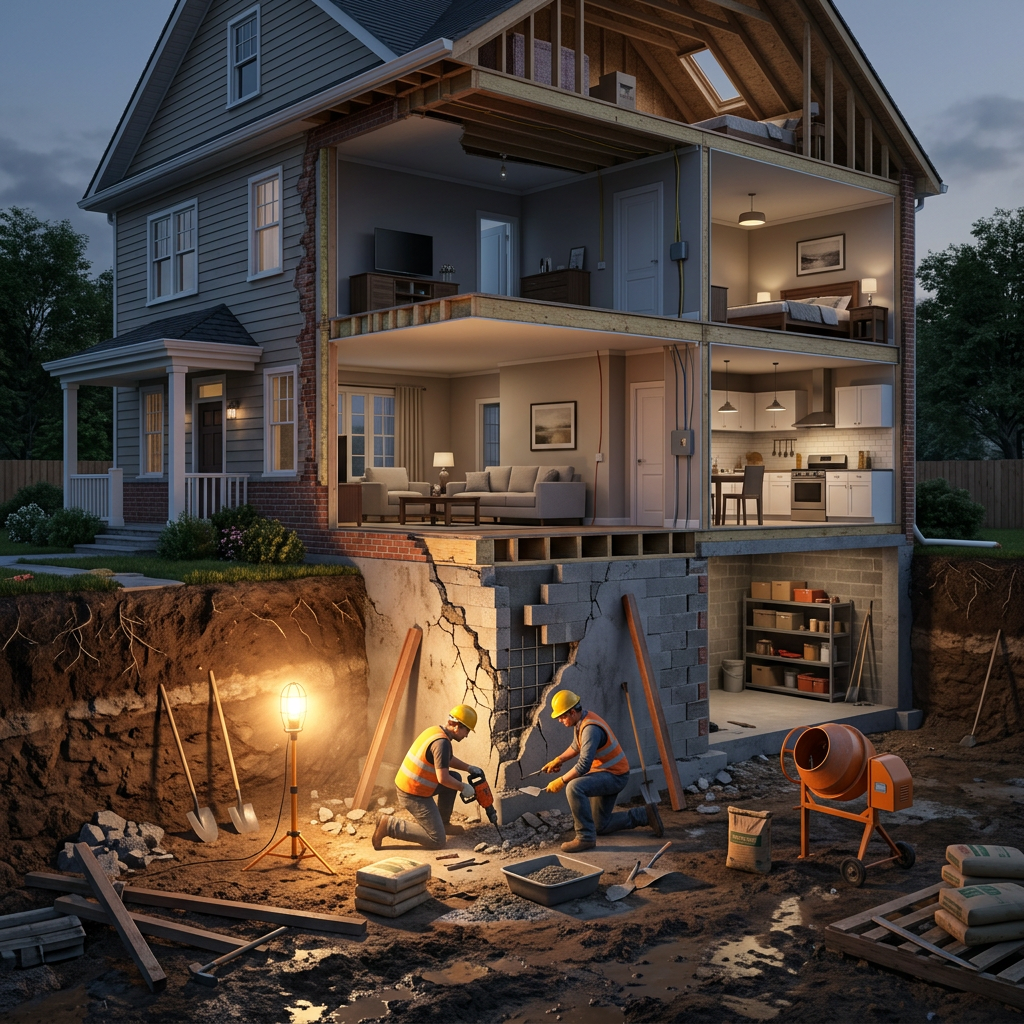 Two construction workers in safety gear repairing a cracked foundation under a house at night