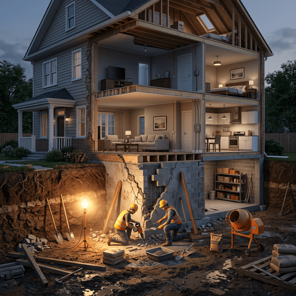 Two construction workers in safety gear repairing a cracked foundation under a house at night
