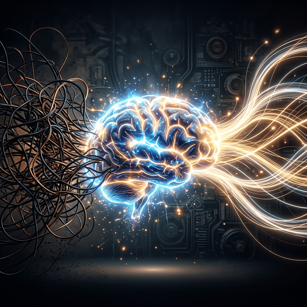 Glowing brain connected to tangled wires on one side and flowing light streams on the other