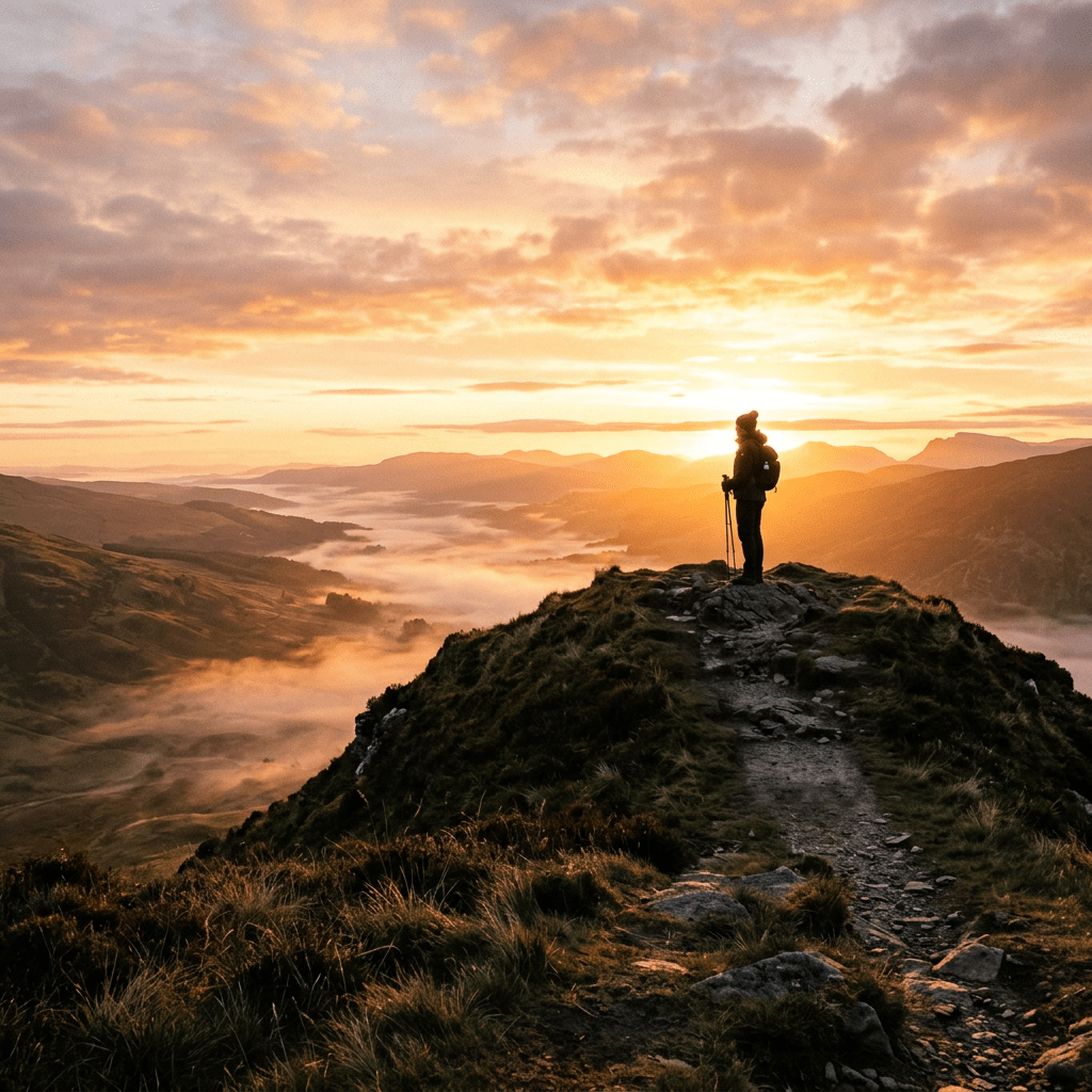 Hiker standing on rocky ridge overlooking fog-filled valley at sunset