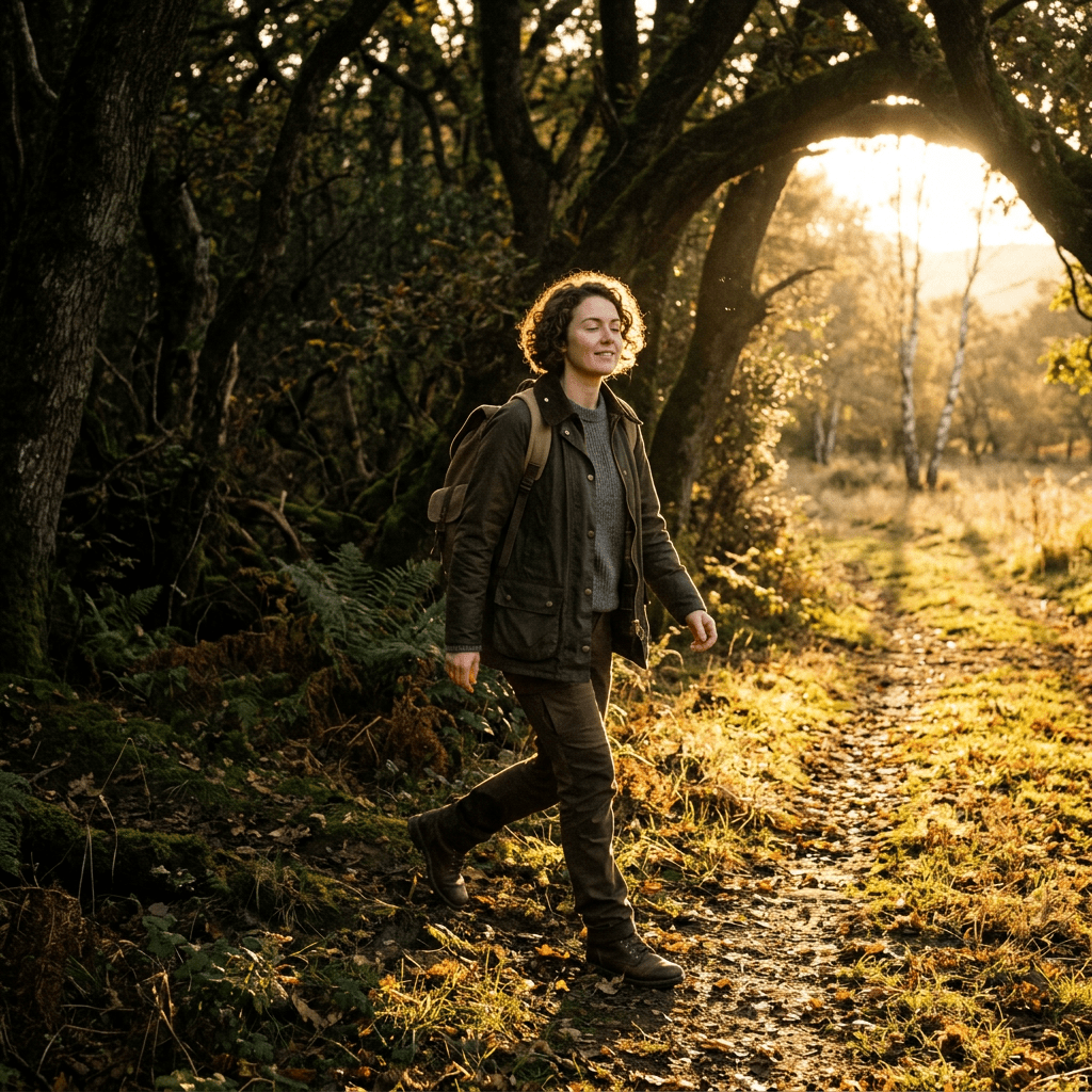 Woman walking peacefully on forest path at golden hour in autumn