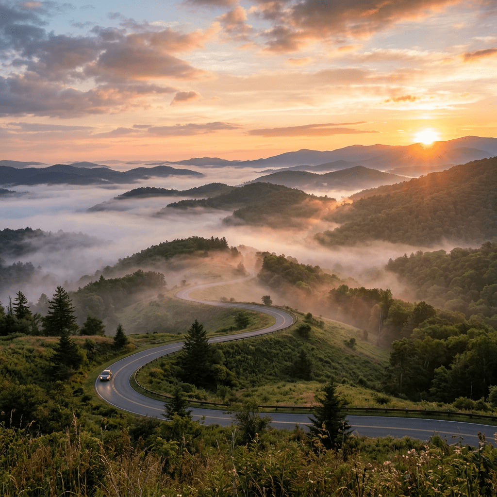 Winding mountain road with a car driving through fog at sunrise