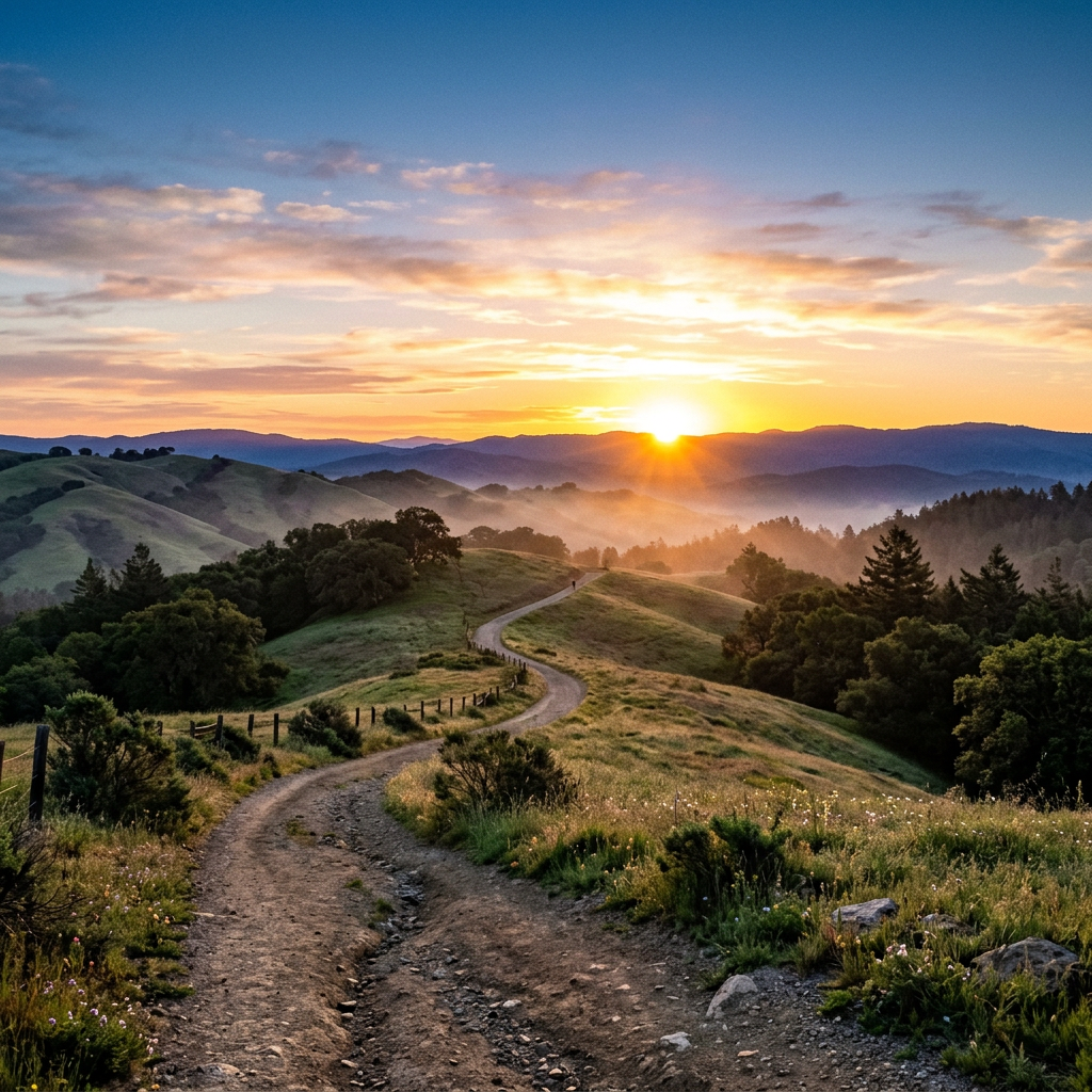 Dirt trail winding through green hills with sun setting behind mountains