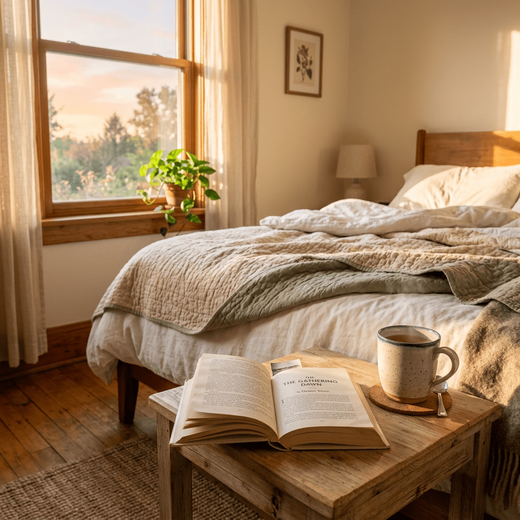 Open book and coffee cup on wooden table beside a cozy made bed with morning sunlight
