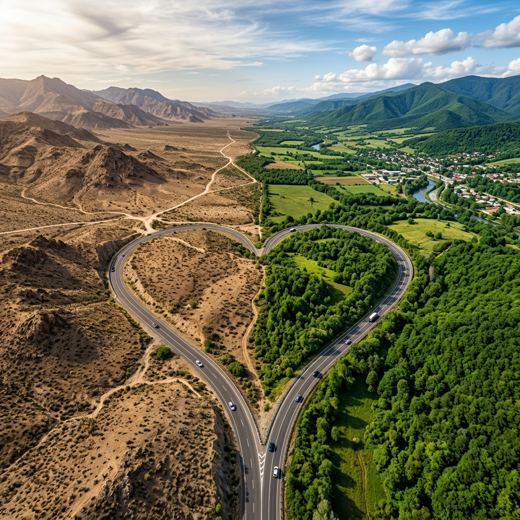 A highway shaped like a heart separates a brown desert on the left and green forested land on the right