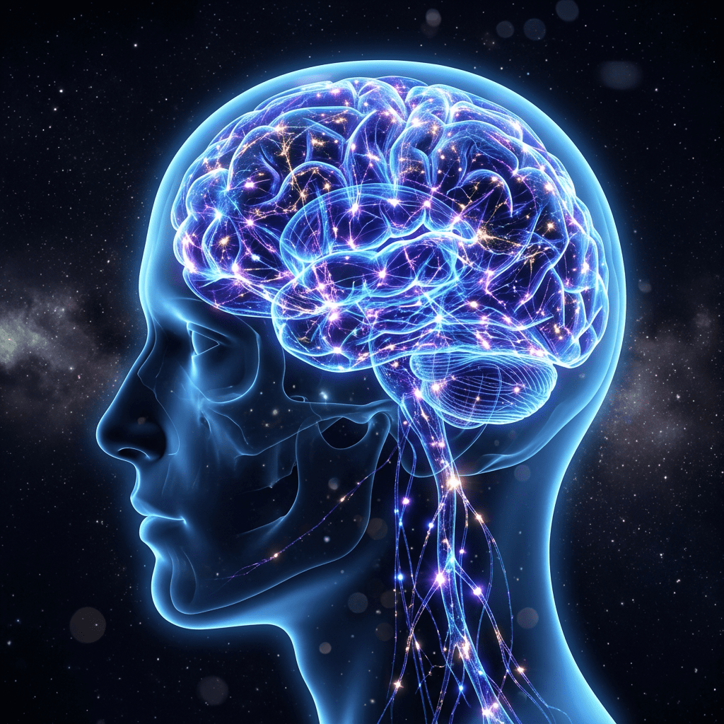 Transparent human head showing illuminated neural pathways and brain activity