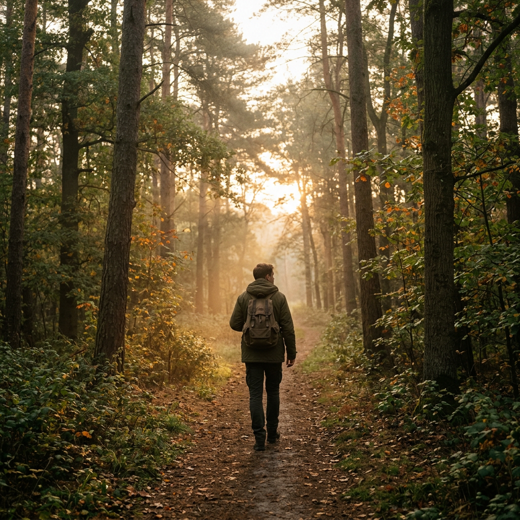 Person walking on a forest trail surrounded by tall trees and sunlight
