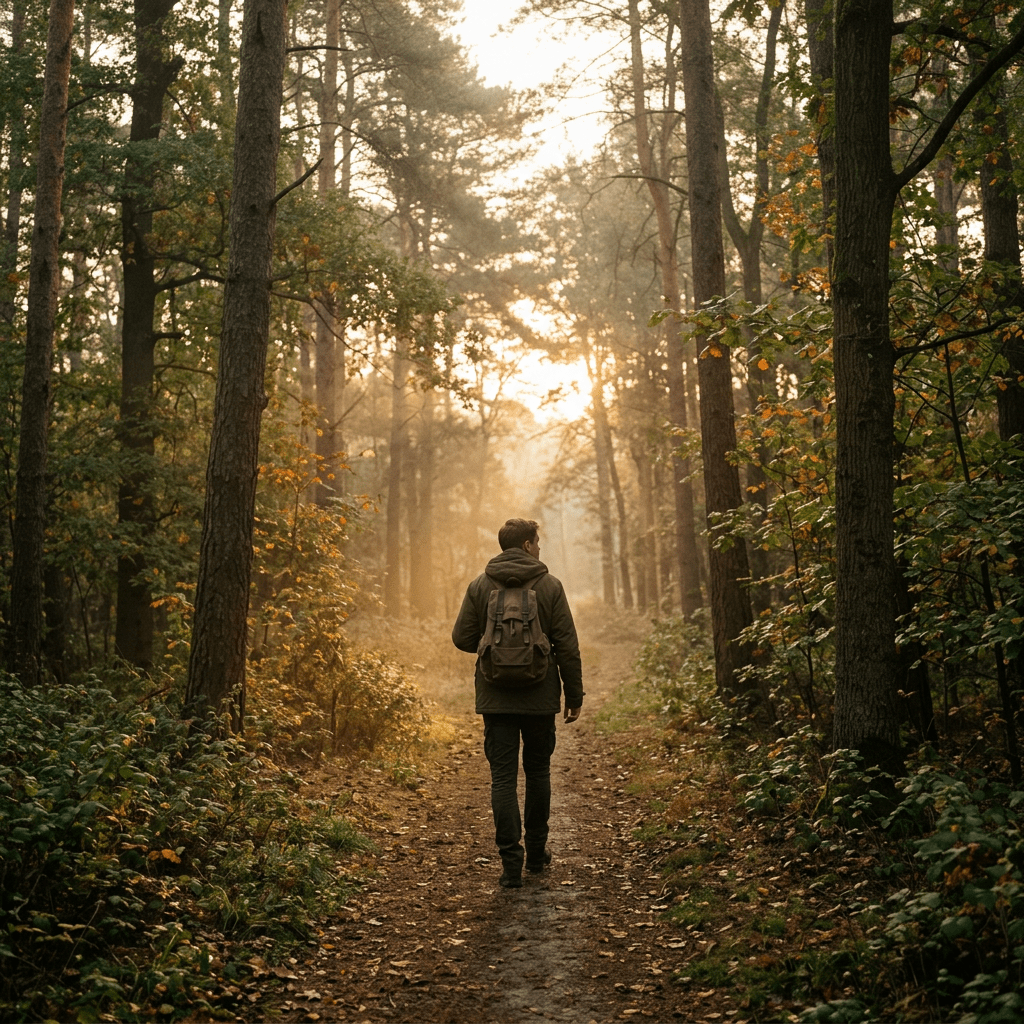 Person walking on a forest trail surrounded by tall trees and sunlight