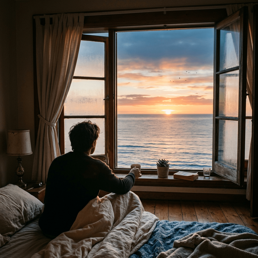 Person sitting on bed holding cup, looking at sunrise over ocean through open window
