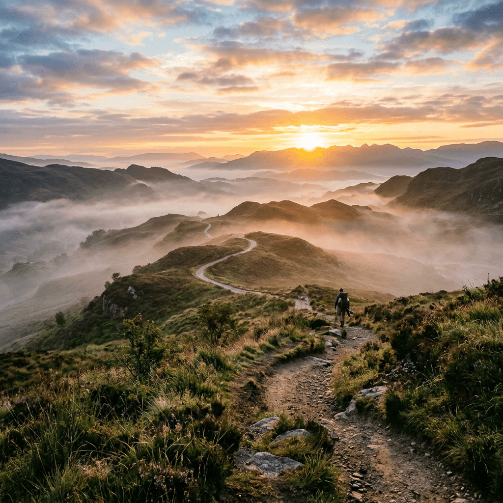 Hiker walking along a winding dirt path on grassy hills with mist and sunrise