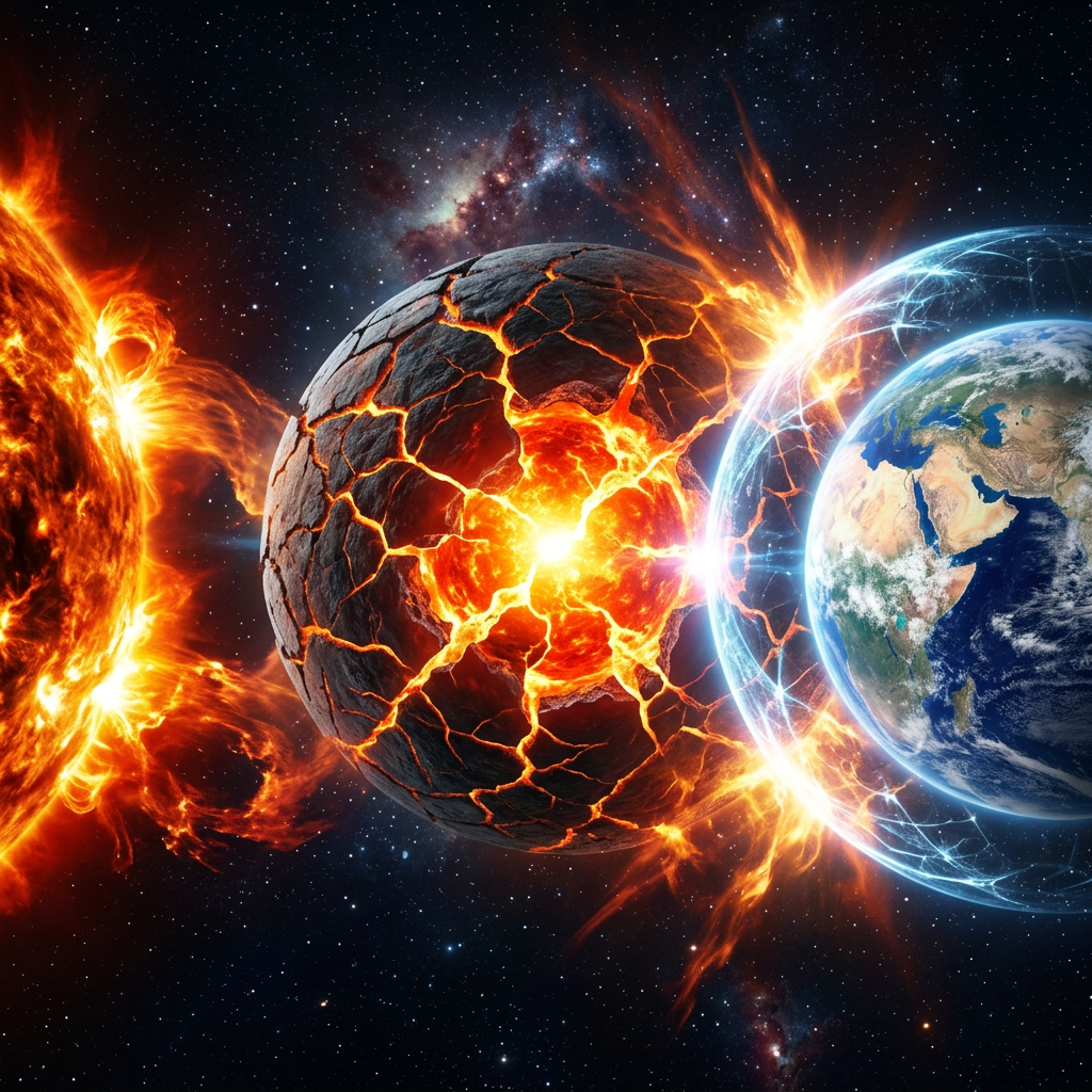 Sun emitting solar flare causing explosion on molten planet near Earth