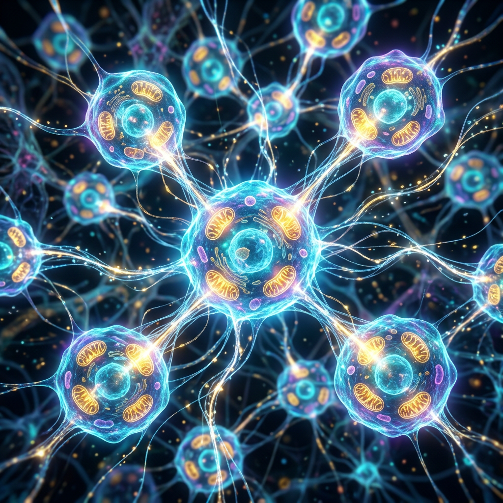 Neural cells interconnected by glowing extensions with visible mitochondria and nuclei inside each cell