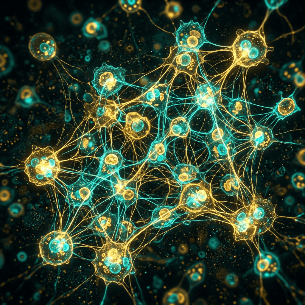 Network of neurons with glowing blue and yellow synapses connected by fine threads