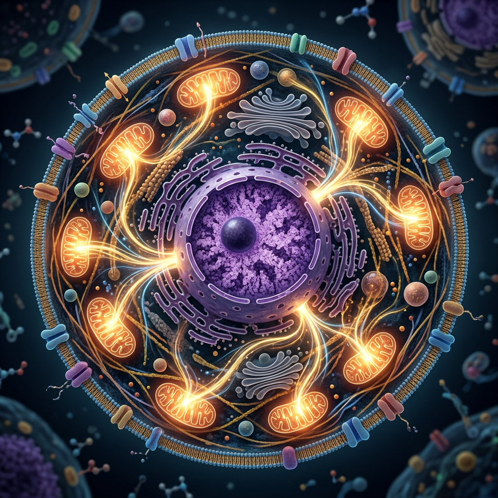 Cellular structure with nucleus and mitochondria connected by energy pathways