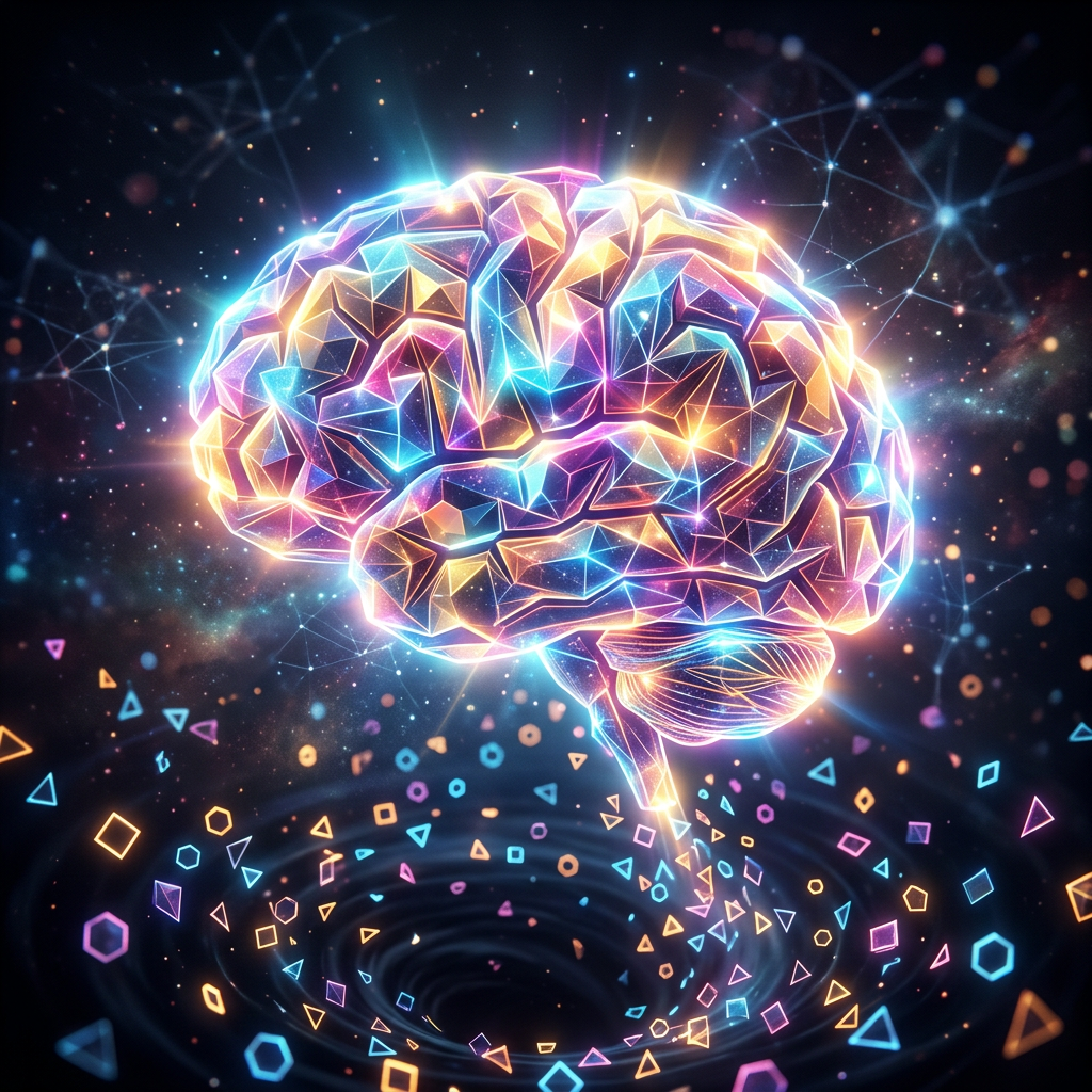 Colorful geometric brain with glowing neural connections and floating shapes