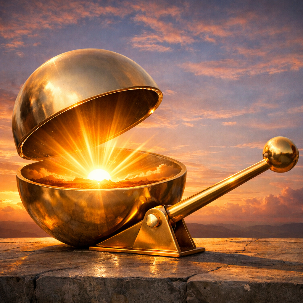 Golden lever with an open spherical container holding a glowing sun