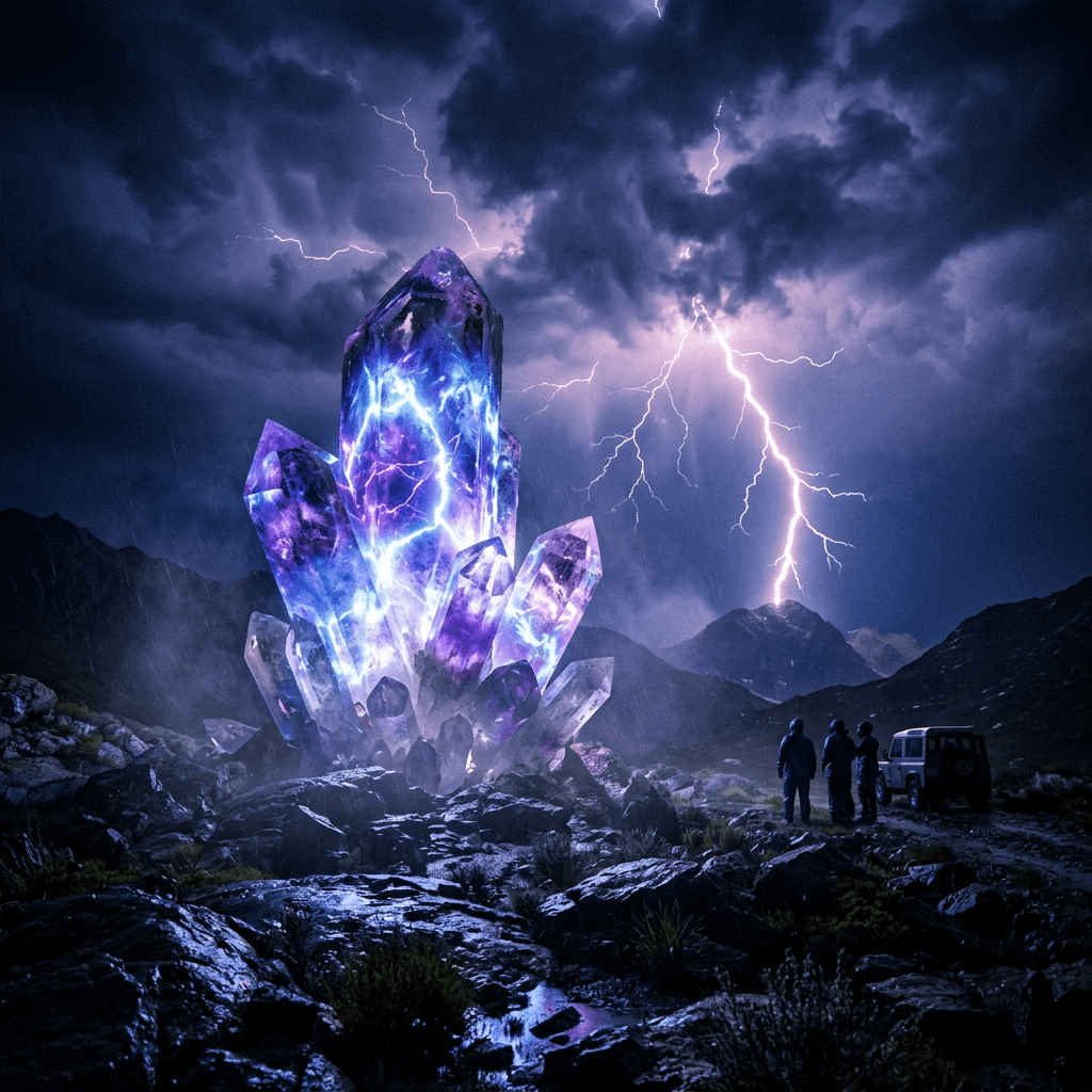 Giant glowing purple and blue crystal cluster on rocky ground with lightning in dark mountainous night sky and three people standing nearby