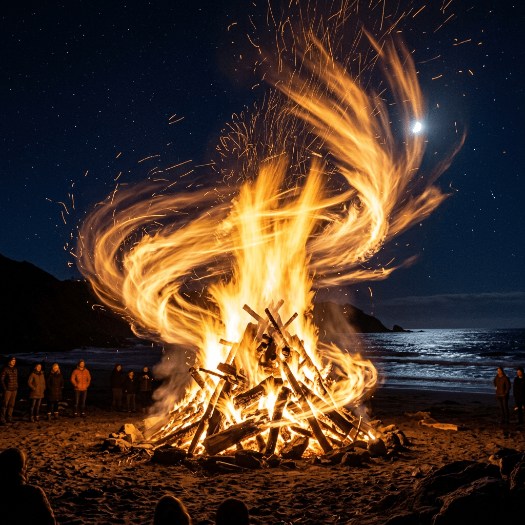 Large bonfire on beach at night with people standing around and stars visible