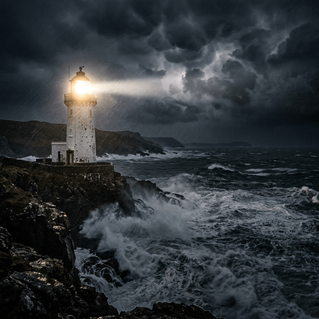 Lighthouse shining light amid stormy sea and dark clouds