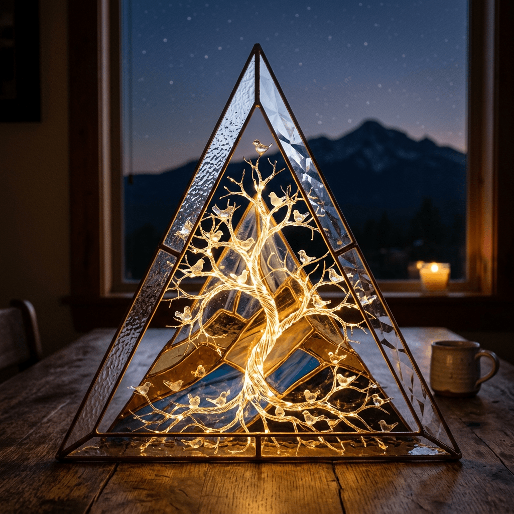 Triangular stained glass sculpture featuring a lit tree with birds inside