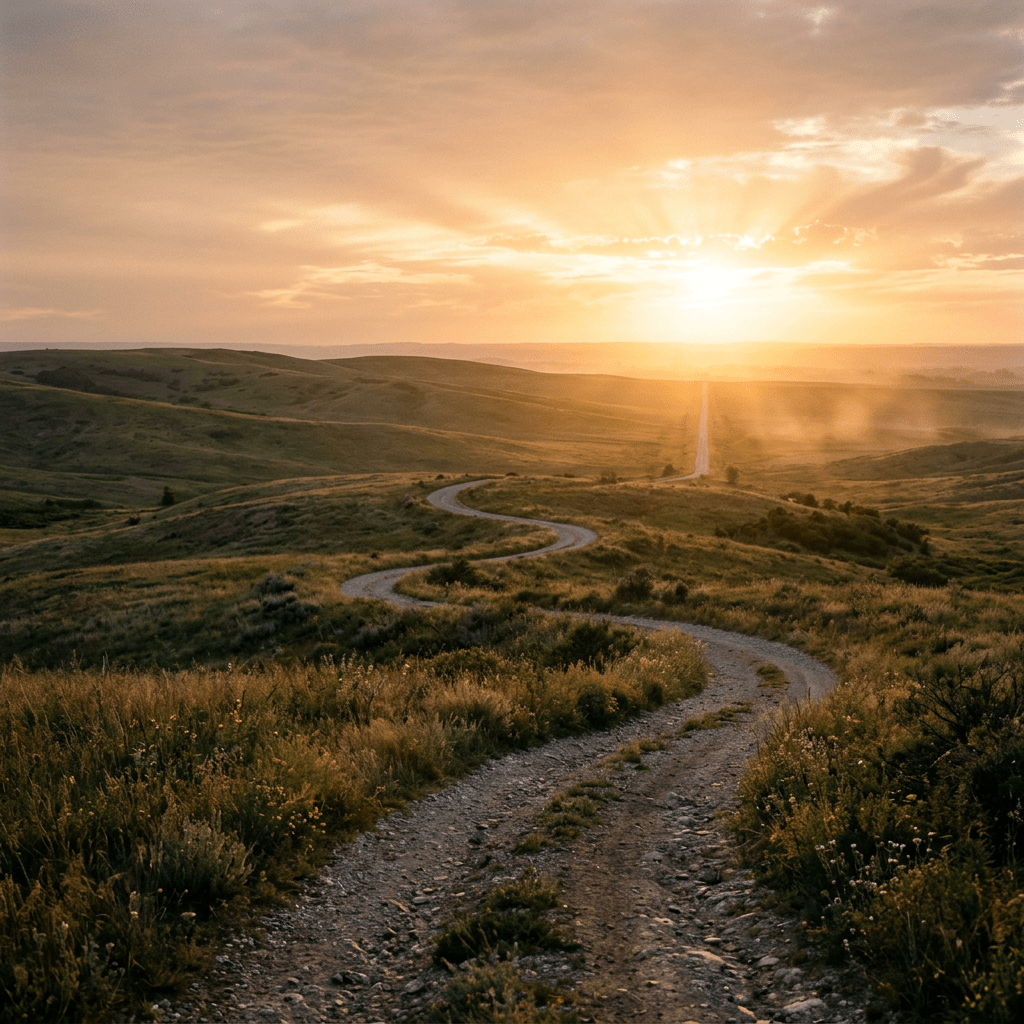 Winding dirt road through grassy hills with sun setting on the horizon