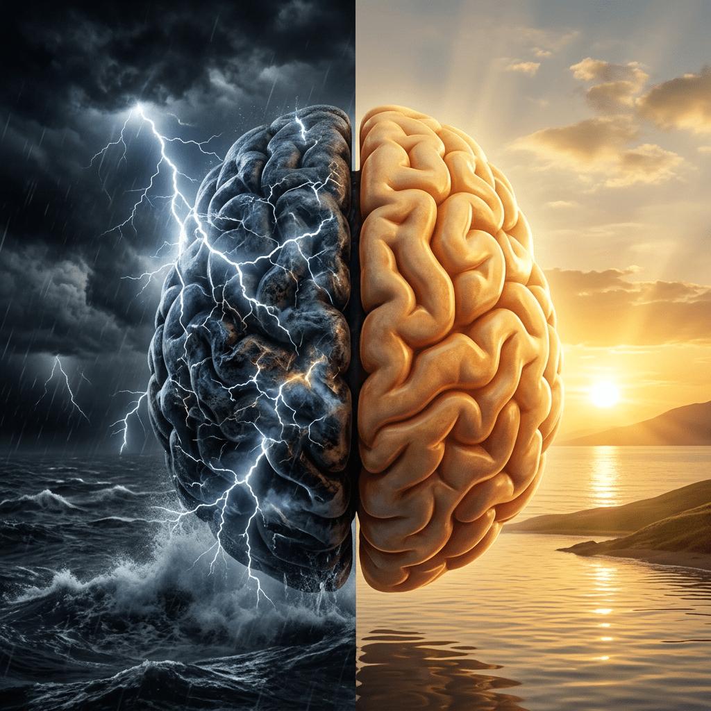 Brain split in half with storm and lightning on left and sunrise over calm water on right