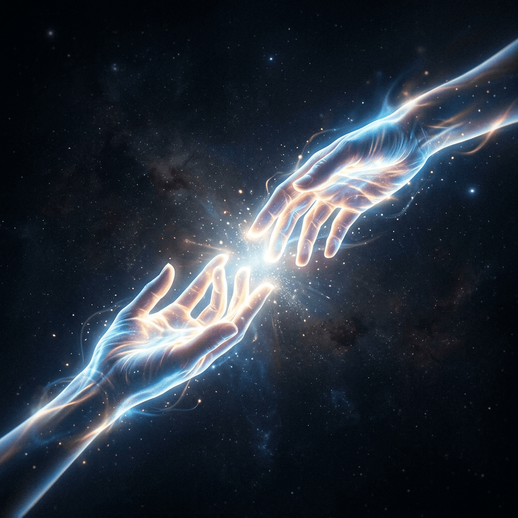 Two luminous hands reaching toward each other with a bright spark between fingers against a dark starry background