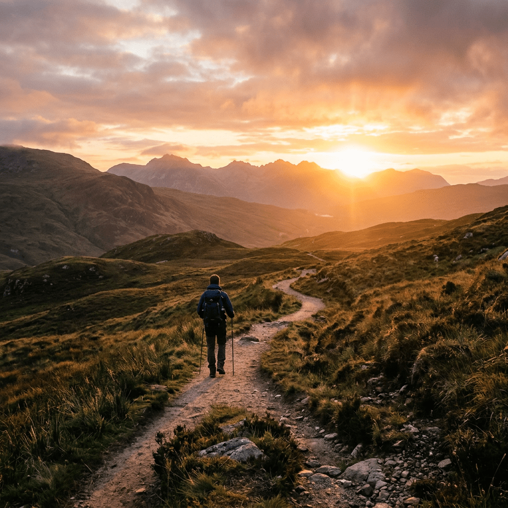 Hiker walking on winding mountain path toward setting sun with clouds