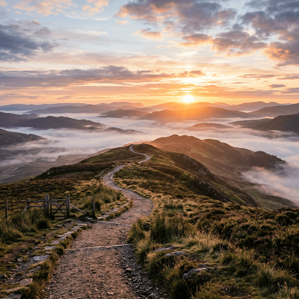 Winding mountain trail with green grass and misty hills at sunrise