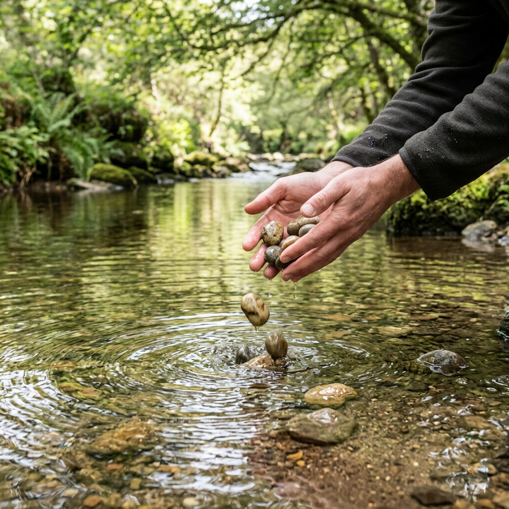 Hands dropping smooth stones into a clear stream surrounded by trees