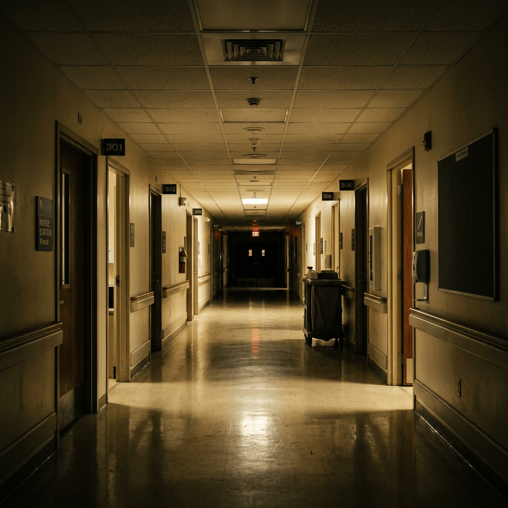 Long hospital corridor with numbered patient rooms, cleaning cart, and dim lighting