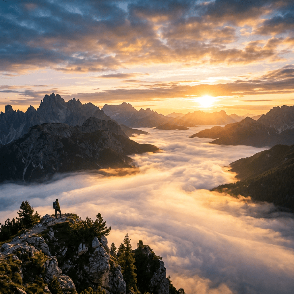 Hiker standing on rocky mountain peak overlooking fog-filled valley at sunrise